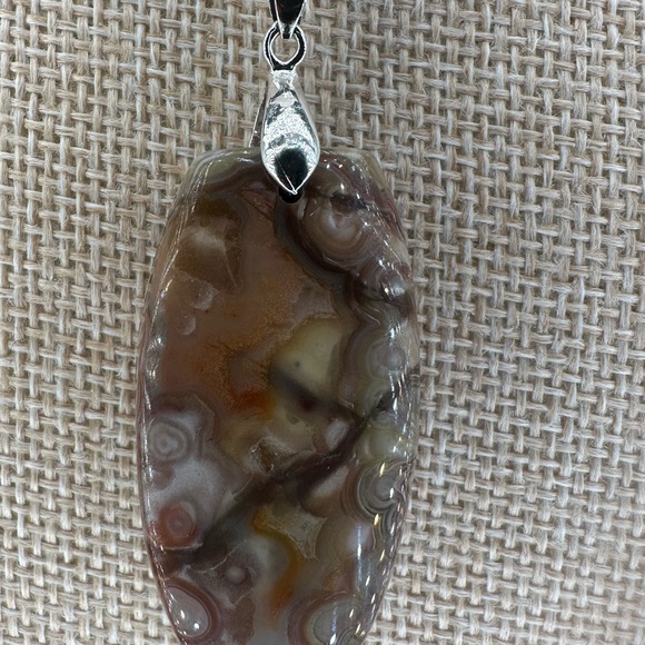 Crazy Lace Agate Laughter Stone Pendant Necklace on Black Satin Rope - Picture 3 of 14
